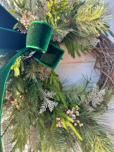 Elegant Green & Gold Grapevine Pine Christmas Wreath | Velvet Ribbon Winter Holiday Wreath | 33"x24" Classic Front Door Decor