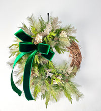 Load image into Gallery viewer, Elegant Green &amp; Gold Grapevine Pine Christmas Wreath | Velvet Ribbon Winter Holiday Wreath | 33&quot;x24&quot; Classic Front Door Decor