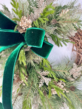 Load image into Gallery viewer, Elegant Green &amp; Gold Grapevine Pine Christmas Wreath | Velvet Ribbon Winter Holiday Wreath | 33&quot;x24&quot; Classic Front Door Decor