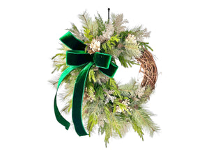 Elegant Green & Gold Grapevine Pine Christmas Wreath | Velvet Ribbon Winter Holiday Wreath | 33"x24" Classic Front Door Decor