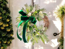 Load image into Gallery viewer, Elegant Green &amp; Gold Grapevine Pine Christmas Wreath | Velvet Ribbon Winter Holiday Wreath | 33&quot;x24&quot; Classic Front Door Decor