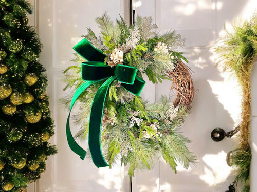 Elegant Green & Gold Grapevine Pine Christmas Wreath | Velvet Ribbon Winter Holiday Wreath | 33