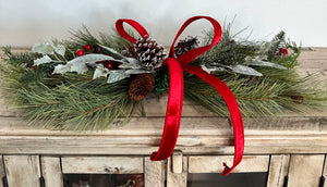 Simple Pine Centerpiece or Door Swag with Red Bow – Classic Christmas Decor