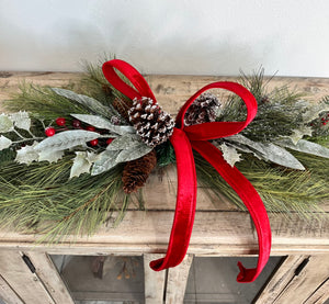 Simple Pine Centerpiece or Door Swag with Red Bow – Classic Christmas Decor