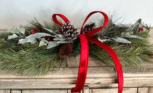 Simple Pine Centerpiece or Door Swag with Red Bow – Classic Christmas Decor