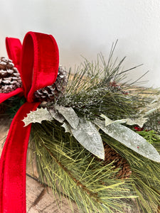 Simple Pine Centerpiece or Door Swag with Red Bow – Classic Christmas Decor