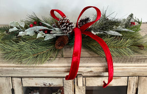 Simple Pine Centerpiece or Door Swag with Red Bow – Classic Christmas Decor