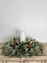 Load image into Gallery viewer, Traditional Christmas Table Candle Ring Arrangement- Red &amp; Green Holiday Centerpiece - Artificial Pine Festive Table Candle Decor