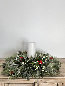 Traditional Christmas Table Candle Ring Arrangement- Red & Green Holiday Centerpiece - Artificial Pine Festive Table Candle Decor