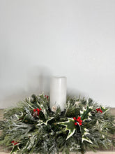 Load image into Gallery viewer, Traditional Christmas Table Candle Ring Arrangement- Red &amp; Green Holiday Centerpiece - Artificial Pine Festive Table Candle Decor