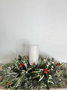 Traditional Christmas Table Candle Ring Arrangement- Red & Green Holiday Centerpiece - Artificial Pine Festive Table Candle Decor