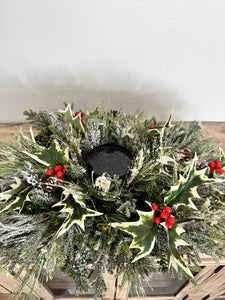 Traditional Christmas Table Candle Ring Arrangement- Red & Green Holiday Centerpiece - Artificial Pine Festive Table Candle Decor