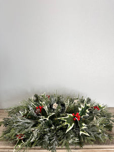 Traditional Christmas Table Candle Ring Arrangement- Red & Green Holiday Centerpiece - Artificial Pine Festive Table Candle Decor