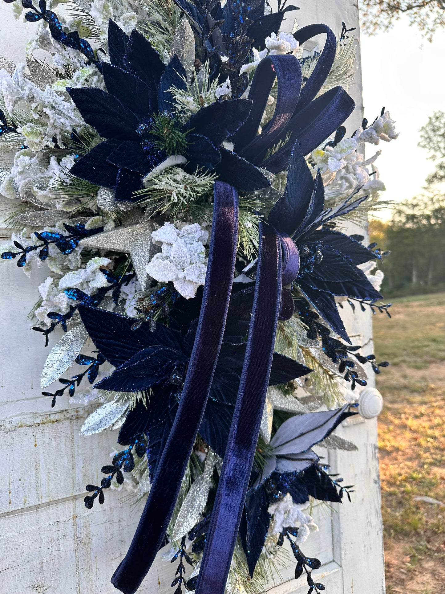 Elegant Blue & Silver Velvet Poinsettia Holiday Swag – 42"x23" Blue and Silver Christmas Door Decor | TCT Crafts