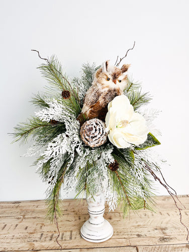 Rustic Winter Owl Candlestick Floral Arrangement – 25