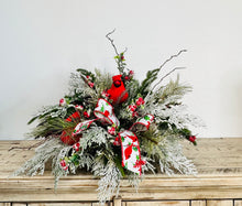 Load image into Gallery viewer, Rustic Cardinal Christmas Centerpiece with Pine Berries Frosted Greenery and Red Ribbon for Holiday Table or Mantel Decoration 19x16