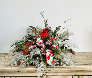 Rustic Cardinal Christmas Centerpiece with Pine Berries Frosted Greenery and Red Ribbon for Holiday Table or Mantel Decoration 19x16