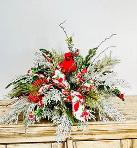 Rustic Cardinal Christmas Centerpiece with Pine Berries Frosted Greenery and Red Ribbon for Holiday Table or Mantel Decoration 19x16