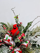 Load image into Gallery viewer, Rustic Cardinal Christmas Centerpiece with Pine Berries Frosted Greenery and Red Ribbon for Holiday Table or Mantel Decoration 19x16