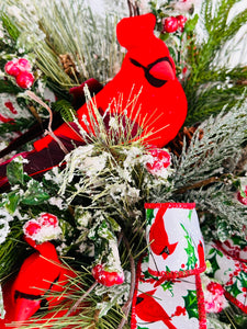 Rustic Cardinal Christmas Centerpiece with Pine Berries Frosted Greenery and Red Ribbon for Holiday Table or Mantel Decoration 19x16