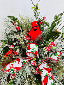 Rustic Cardinal Christmas Centerpiece with Pine Berries Frosted Greenery and Red Ribbon for Holiday Table or Mantel Decoration 19x16