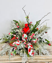 Load image into Gallery viewer, Rustic Cardinal Christmas Centerpiece with Pine Berries Frosted Greenery and Red Ribbon for Holiday Table or Mantel Decoration 19x16