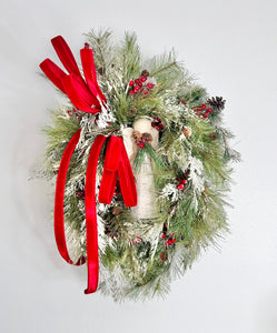 Winter Angel Grapevine Wreath – Elegant 32"x22" Christmas Wreath with Red Velvet Bow & Pine Sprays for Front Door Decor