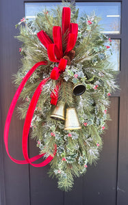 XL Designer Holly & Pine Bell Swag- Rustic Elegant Winter Front Door Decor, 40x25, Christmas Swag with Red Velvet Bow and Bells