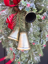 XL Designer Holly & Pine Bell Swag- Rustic Elegant Winter Front Door Decor, 40x25, Christmas Swag with Red Velvet Bow and Bells