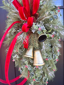 XL Designer Holly & Pine Bell Swag- Rustic Elegant Winter Front Door Decor, 40x25, Christmas Swag with Red Velvet Bow and Bells