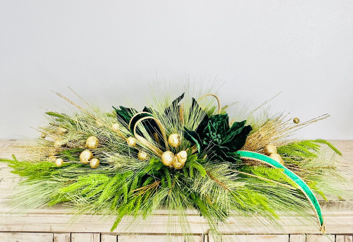 Elegant Emerald Green and Gold Holiday Centerpiece or Door Swag – Christmas Table Decoration, Mantelpiece, Mirror, or Front Door Display