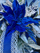 Load image into Gallery viewer, Royal Blue and Silver Holiday Winter Swag I Elegant Christmas Door Decor I Velvet Poinsettia Greenery Swag I Large Door Swag