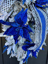 Load image into Gallery viewer, Royal Blue and Silver Holiday Winter Swag I Elegant Christmas Door Decor I Velvet Poinsettia Greenery Swag I Large Door Swag