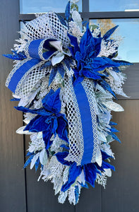 Royal Blue and Silver Holiday Winter Swag I Elegant Christmas Door Decor I Velvet Poinsettia Greenery Swag I Large Door Swag