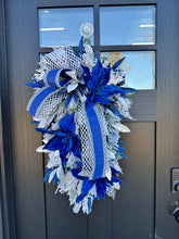 Load image into Gallery viewer, Royal Blue and Silver Holiday Winter Swag I Elegant Christmas Door Decor I Velvet Poinsettia Greenery Swag I Large Door Swag