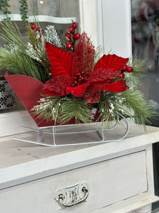 Red Poinsettia Winter Sleigh Arrangement – Festive Holiday Centerpiece, Christmas Floral Decor, Winter Table Arrangement, 14" x 18