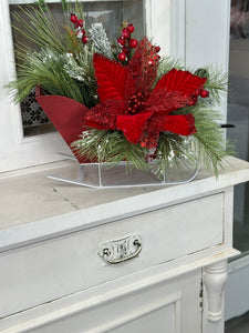 Red Poinsettia Winter Sleigh Arrangement – Festive Holiday Centerpiece, Christmas Floral Decor, Winter Table Arrangement, 14" x 18