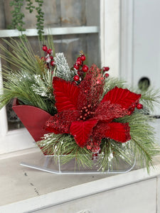 Red Poinsettia Winter Sleigh Arrangement – Festive Holiday Centerpiece, Christmas Floral Decor, Winter Table Arrangement, 14" x 18