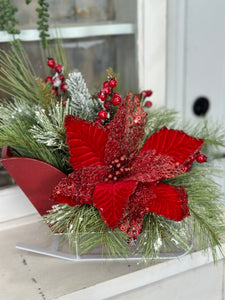 Red Poinsettia Winter Sleigh Arrangement – Festive Holiday Centerpiece, Christmas Floral Decor, Winter Table Arrangement, 14" x 18