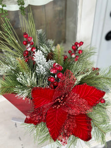 Red Poinsettia Winter Sleigh Arrangement – Festive Holiday Centerpiece, Christmas Floral Decor, Winter Table Arrangement, 14" x 18