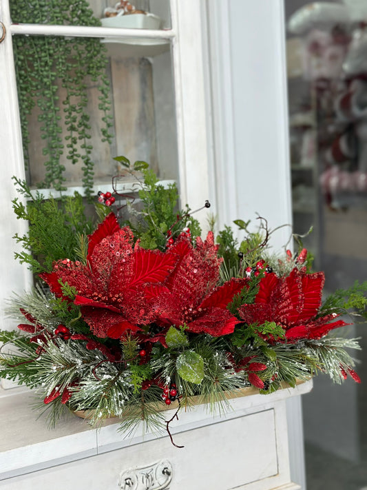 Luxury Red Velvet Poinsettia Holiday Floral Arrangement | Red Christmas Centerpiece Tablescape 26"x19