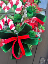 Red & Green Christmas Wreath with Candy Canes, Emerald Velvet Ribbon – 26" Festive Holiday Door Decor