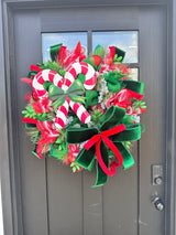 Red & Green Christmas Wreath with Candy Canes, Emerald Velvet Ribbon – 26" Festive Holiday Door Decor