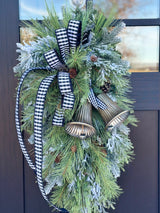 Farmhouse Buffalo Check Winter Swag with Bells | Rustic Christmas Door Decor | Large Greenery Holiday Swag 34"x16