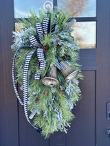 Farmhouse Buffalo Check Winter Swag with Bells | Rustic Christmas Door Decor | Large Greenery Holiday Swag 34"x16