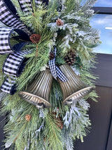Farmhouse Buffalo Check Winter Swag with Bells | Rustic Christmas Door Decor | Large Greenery Holiday Swag 34"x16
