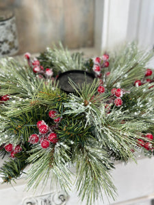 Traditional Christmas Table Candle Ring Arrangement- Red & Green Holiday Centerpiece - Artificial Pine Festive Table Candle Decor