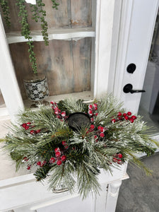 Traditional Christmas Table Candle Ring Arrangement- Red & Green Holiday Centerpiece - Artificial Pine Festive Table Candle Decor