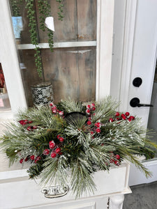 Traditional Christmas Table Candle Ring Arrangement- Red & Green Holiday Centerpiece - Artificial Pine Festive Table Candle Decor