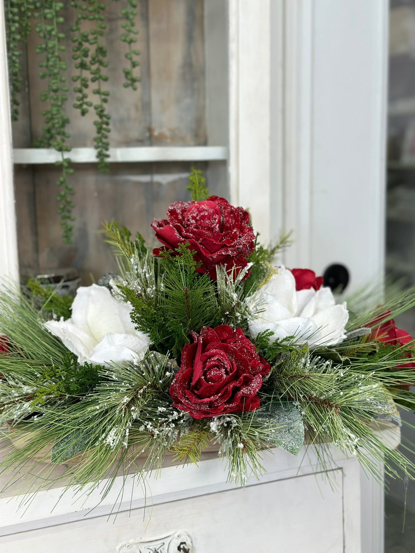 Elegant Frosted Rose & Magnolia Holiday Centerpiece Arrangement - 25x16" Luxury Seasonal Decor for Table - High End Arrangement
